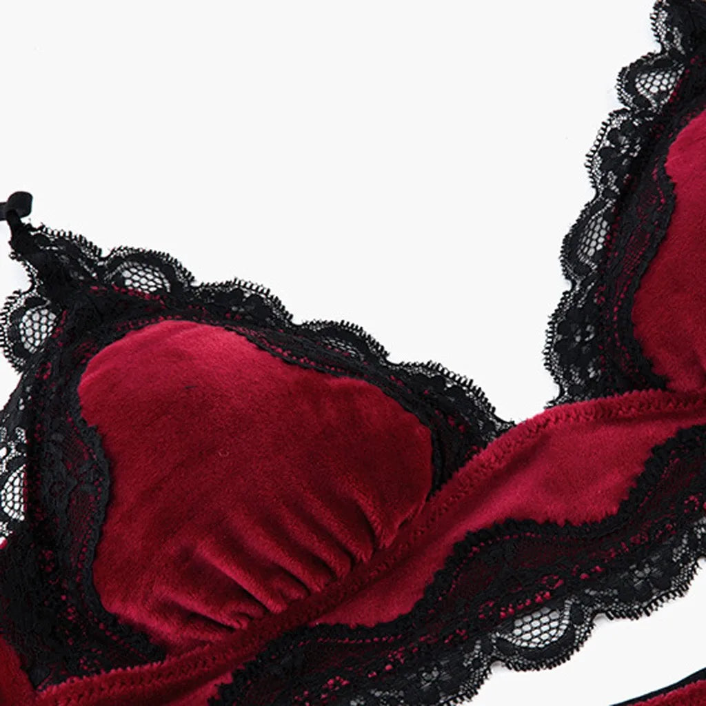 Solid Comfy Velvet Lingeries for Women Floral Lace Gathered Bras and Thong Set 2Pcs Seductive Lingerie Sexy Sleepwear Pajama Set